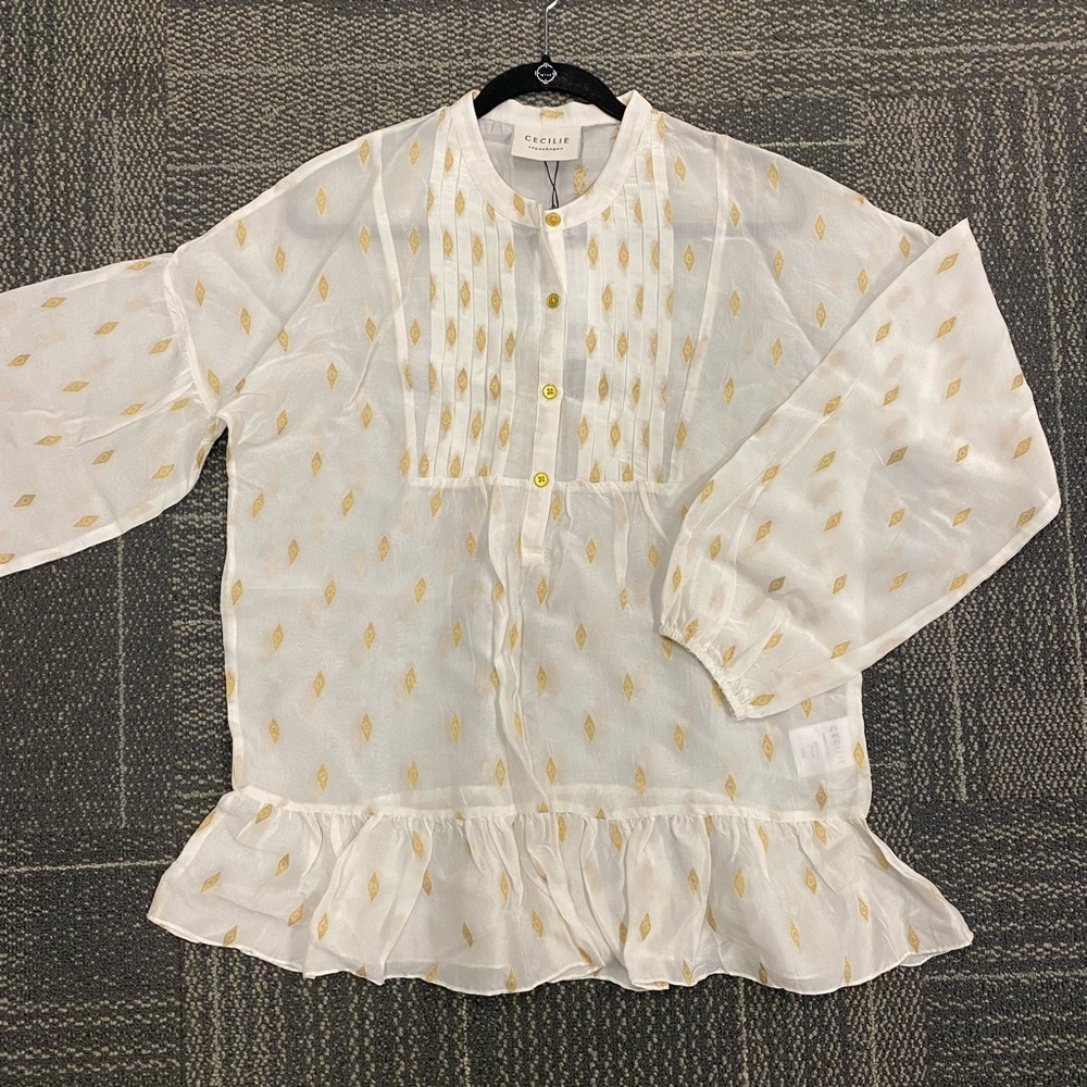 NWT CECILIE COPENHAGEN Boho Metallic Gold Trim Top Size Large